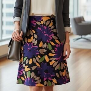 Boden Floral A-Line Midi Skirt Womens Size 8 8R Black Multicolor Bold Career